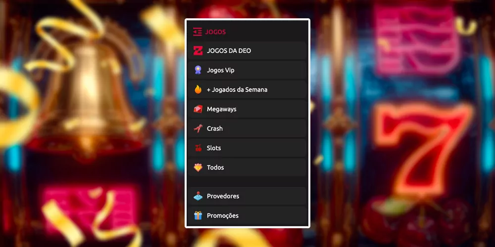 Pesquisa das seções do cassino com tipos de jogos